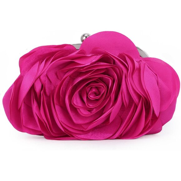 Rose Pink Satin Floral Evening Clutch with Chain & 3D Rose Design - Picture 1 of 9